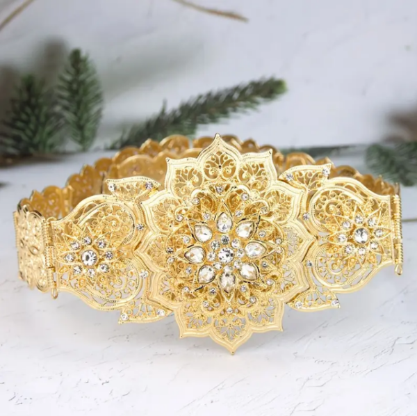 Middle Eastern Style Golden Metal Waist Belt with Rhinestone Accents